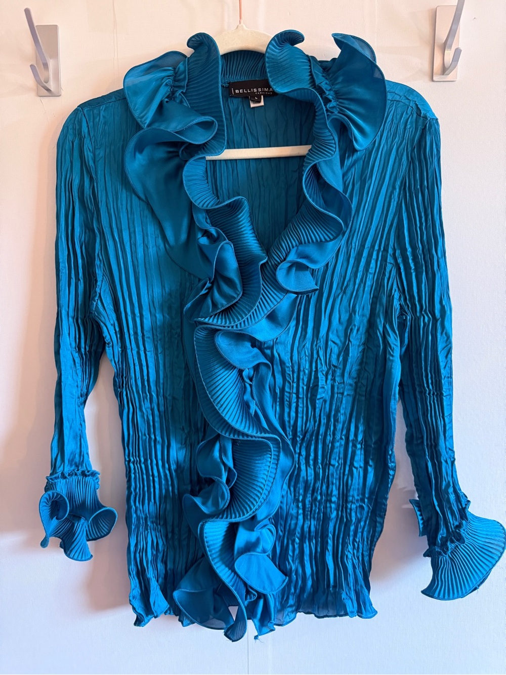 Bellissima Teal Ruffle Pleated Blouse Long Sleeve Statement Top Women’s Large